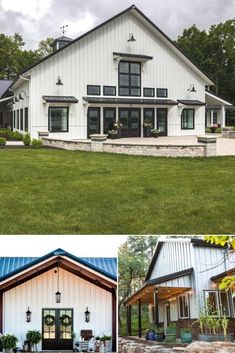 two pictures of a large white house in the middle of grass and one has windows