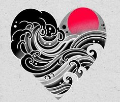 a heart with waves and a red sun in the middle