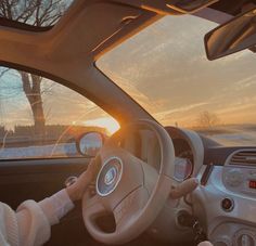 a person driving a car with the sun setting in the background and trees behind them