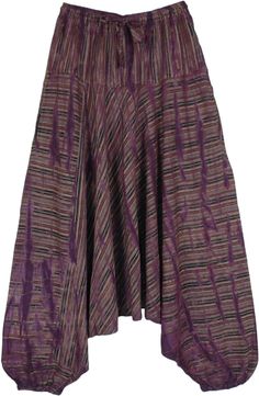 A striped brown unisex loose-fit baggy pants in woven cotton fabric and purple tie-dye details.  The tie-dye accents are done by hand in complementing deep purple color. #tlb #SplitSkirtsPants #Pocket #vacationclothing #beachwrap #TieDye #Striped #bohemianfashion #AladdinPants #DropCrotch #HaremPants #UnisexPants Summer Purple Cotton Harem Pants, Bohemian Purple Bottoms With Pockets, Purple Cotton Hippie Bottoms, Purple Cotton Bottoms For Festivals, Purple Cotton Festival Bottoms, Purple Cotton Pants For Festival, Haram Pants, Genie Pants, Bohemian Pants