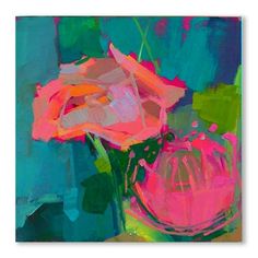 an abstract painting of pink roses in a glass vase on a green and yellow background