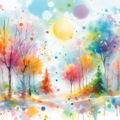 an abstract painting of trees and dots on a white background with blue, yellow, pink, green, orange