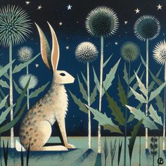 a painting of a rabbit sitting in the middle of a forest at night with fireworks