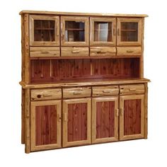 a wooden hutch with glass doors on the front and side panels, made out of wood