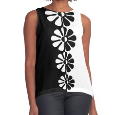 Women's sleeveless tank with vivid edge-to-edge sublimation print on front. Spliced materials for comfort. Front panel made from silky chiffon and solid color black or white jersey back. Sizes available XS- 2XL. Minimal meets hippie in this bold design of 1960's pop art-inspired flowers in contrasting black and white. Fun and cute on clothing, and perfect with retro, minimal or contemporary decor. Go big! Go bold! Black Printed Sleeveless Tank Top, Black Sleeveless Printed Top, Retro Black Tank Top, Black Retro Sleeveless Tank Top, White Minimal, White Sleeveless Top, Sleeveless Top Designs, White Jersey, Flowy Tank