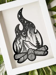 campfire wall art print Night Sky Tattoos, Tent Drawing, Sky Tattoos, Mountains And Trees, Night Sky Art, Pacific Northwest Art, Mountain Illustration