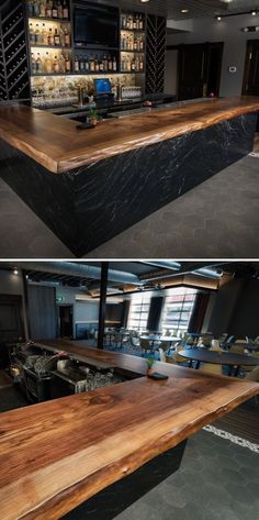 two pictures of the same bar top in different stages of being made into a counter