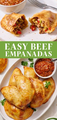 easy beef empanadas on a white plate with salsa in the background and text overlay that reads easy beef empanadas