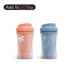 two sippy cups sitting next to each other on top of a white background with the words add to bag