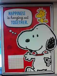 a sign with a cartoon snoopy dog saying happiness is hanging out together on the wall