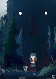 a person standing in the middle of a forest at night with two lights above them