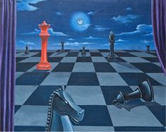 a painting of a chess game with the moon in the background