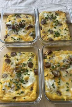 four square casserole dishes with sausage and cheese