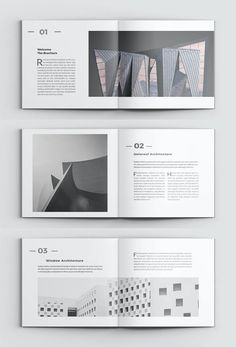 three pages with different shapes and sizes on them, one is open to show an architectural design