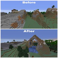 the before and after view of a minecraft village