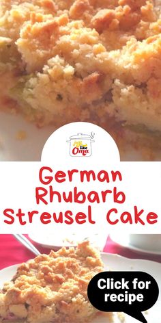 german rhubarb streussel cake recipe on a white plate with text overlay