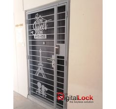 an open door with the words paris and eiffel tower painted on it