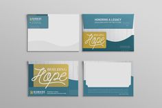 three different business cards with white and blue designs on them, one is for the company