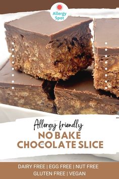 no bake chocolate slice is stacked on top of each other with text overlay