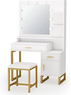 a white vanity and stool with a mirror on the wall above it, in front of a white background