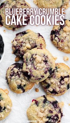 Blueberry Crumble Cake Cookies on a white surface. Blueberry Cheesecake Cookies Recipes, Crumbl Blueberry Cookies, Easy Bake Deserts, Blueberry Pie Filling Cookies, Crumbl Cookie Blueberry Muffin, Keto Blueberry Cookies, Blueberry Muffins Cookies, Cookies With Crumble Topping, Crumble Blueberry Muffin Cookies