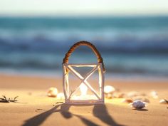 a lantern on the beach with shells around it