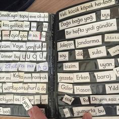 an open book with several different types of words on the pages and in front of it