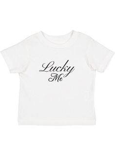 Lucky Me Tee Cute Custom Print T-shirt For Streetwear, Cute Cotton T-shirt With Name Print, Pre-shrunk White Print Graphic Tee, Everyday White Ring-spun Cotton Tops, Everyday Graphic Tee With Custom Print, Cute White T-shirt With Letter Print, Cotton T-shirt With Name Print For Streetwear, Custom Print Short Sleeve Graphic Tee For Babies, Band Merch Cotton T-shirt With Custom Print