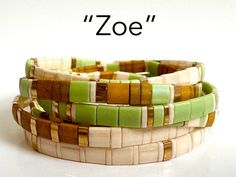 "\"Zoe\" - A mix of irridescent matte green, mustard, beige, and gold Tila beads. Combination of 5x5, 1/2, and 1/4 size beads. Perfect gifts for women and teens. Each bracelet is $13, save $3 and get FREE SHIPPING on orders of a set of three bracelets!" Trendy Beaded Bracelets, Tila Bracelets, Boho Bracelets Stack, Bracelet Layering, Stack Bracelets, Bracelets Boho, Tila Beads, Matte Green, Wrist Candy