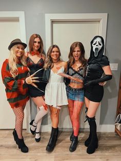 Group Halloween costume ideas Halloween Scary Movie Costumes, Halloween Costumes Group Of 4 Scary, Halloween Costume Ideas For 4 Friends, Halloween Slasher Costume, Jigsaw Womens Halloween Costume, Horror Icon Halloween Costumes, Halloween Costumes For 4 Best Friends, Ghostface Group Costume, Scary Movie Group Costumes