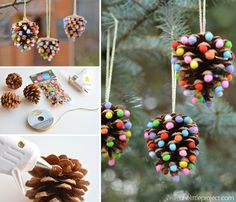 pine cone ornaments are hanging from the branches and decorated with beads, sprinkles, and glue