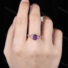 This is a beautiful Natural Amethyst engagement ring set in 925 sterling silver rose gold plated. Opal set: www.etsy.com/listing/875961042/white-opal-engagement-ring-set-rose-gold?ref=shop_home_feat_2&bes=1 Alexandrite set: www.etsy.com/listing/979076092/alexandrite-ring-oval-alexandrite?ref=shop_home_active_1 Main Stone: 6x8mm oval cut Natural Amethyst. Side stone: lab created opal + CZ diamond. Wedding band: Curved band, CZ diamond. This ring is marked S925. I accept custom making order.Pl Rose Gold Amethyst Ring With Accent Stones For Anniversary, Anniversary Rose Gold Amethyst Ring With Accent Stones, Wedding Ruby Ring In Rose Gold Sterling Silver, Anniversary Amethyst Ring In Rose Gold With Prong Setting, Rose Gold Solitaire Amethyst Wedding Ring, Rose Gold Amethyst Anniversary Ring, Rose Gold Amethyst Ring With Halo Setting For Promise, Rose Gold Amethyst Ring With Halo Setting For Anniversary, Rose Gold Oval Amethyst Promise Ring