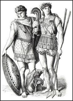 two ancient men standing next to each other with spears and shield on their backs, vintage line drawing or engraving illustration