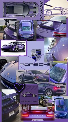 a collage of different cars with the words porsche on them and below it is a purple background