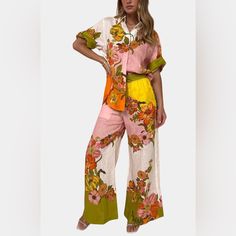 This Marianne Pant Set Features A Beautiful Floral Design And Stylish Wide Legs, Making It A Versatile And Trendy Addition To Your Wardrobe. The Graphic Detail Adds An Extra Touch Of Personality To This Functional And Fashionable Outfit. Made For Comfort And Style, Perfect For Any Occasion. Suit Type, Shirt Collar Styles, Loose Clothing, Floral Printing, Half Sleeve Shirts, Two Piece Pants Set, Oversized Blouse, Tie Styles, Linen Style