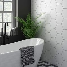 a white bath tub sitting under a window next to a green plant in a black and white bathroom