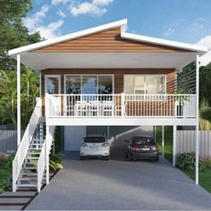 two cars are parked in front of a house with white railings and balconies