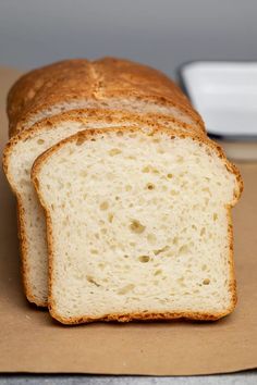 a loaf of white bread sitting on top of a piece of brown paper