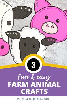 three farm animal crafts with text overlay that reads fun and easy farm animal crafts