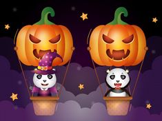 two pandas in hot air balloons with jack - o'- lanterns