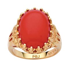 PRICES MAY VARY. Main Stone: 1 Oval Cabachon Cut Simulated Orange Coral, 16 mm x 12 mm 14k Gold-Plated Measures: 21 mm wide x 17 mm long x 4.5 mm high; Shank Width: 2.0 mm wide Includes gift box and drawstring pouch PalmBeach Jewelry exclusive. One of the most precious offerings simulated coral cabochon, in an oval shape, lends its beauty to a ring you'll treasure. Gold-plated. Sizes 5-10. - 1851310 Yellow Gold Cocktail Ring, Orange Ring, Oval Cut Ring, Gold Statement Ring, Gold Cocktail Ring, Coral Ring, Orange Coral, Gold Cocktail, Coral And Gold