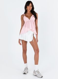 Top Main: 100% polyester Lining: 100% cotton Plunging neckline Adjustable tie shoulder straps Elasticated band at bust Open back Gathered waist Non-stretch Partially lined Baby Crop Top, Singlet Tops, Heart Flutter, Pink Formal Dresses, Woman Weaving, Festival Tops, Strapless Tops, Loungewear Sets, Spring Tops