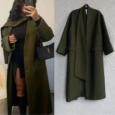 Zara Blogger Fave Manteco Italian Wool Coat Khaki Olive Green Oversized Long Wool Scarf Coat Size Xs/S Lined Functional Flap Pickets Back Vent Attached Scarf Neckline Detail Wide Sleeves Instagram Tiktok Influencer Famous Excellent Like New Condition Olive Green Scarf Outfit, Coat For Wedding Guest, Scarf Coat, Tiktok Influencer, Zara Coat, 90s Supermodels, Zara Jackets, Wool Scarf, Wide Sleeves