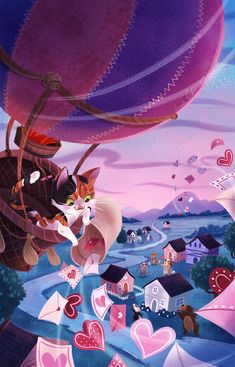 a cat flying through the air next to a bunch of kites and hearts in the sky