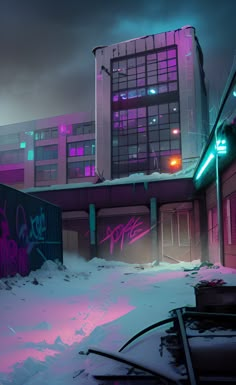 an abandoned building with graffiti on the side and purple light coming from it's windows