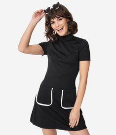 Smak Parlour Black Mock Turtleneck Fit & Flare Dress – Unique Vintage Black Mock Turtleneck, Black Frock, 60's Mod, Mod Dress 60s, Easy Model, 1960s Dresses, Dress Unique, 60s Dress, Mod Dress