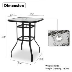 a table with measurements for the top and bottom, along with an image of a clock