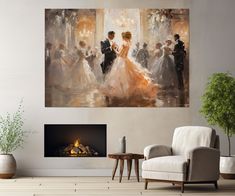 a painting on the wall of a living room with a fire place in front of it