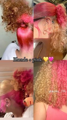 Color Hair Ideas Natural, Cute Pink And Blonde Hair, Color Hair Combinations, Color Dye Hair Ideas, Honey And Pink Hair, Ideas To Color Your Hair, Red Roots Pink Ends Hair, Best Colors To Dye Your Hair, Pink And Blonde Locs Black Women