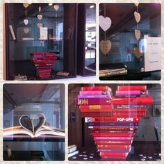 several pictures of books with hearts hanging from them